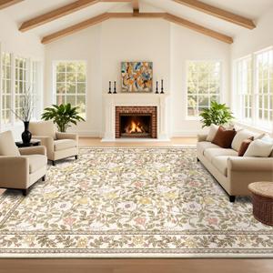 9x12 Floral Area Rug for Living Room Non Slip,Soft Low Pile Stain Resistant Washable Girls Bedroom Large Vintage Rugs,Beige/Multi
