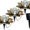 LEWIS&WAYNE Solar Garden Lights Outdoor, 3 Pcs Coppery Lotus Flower Pathway Lamps with Cool White Crackle Glass Globe Led Lights for Patio Pathway Yard Balcony Garden Decorations