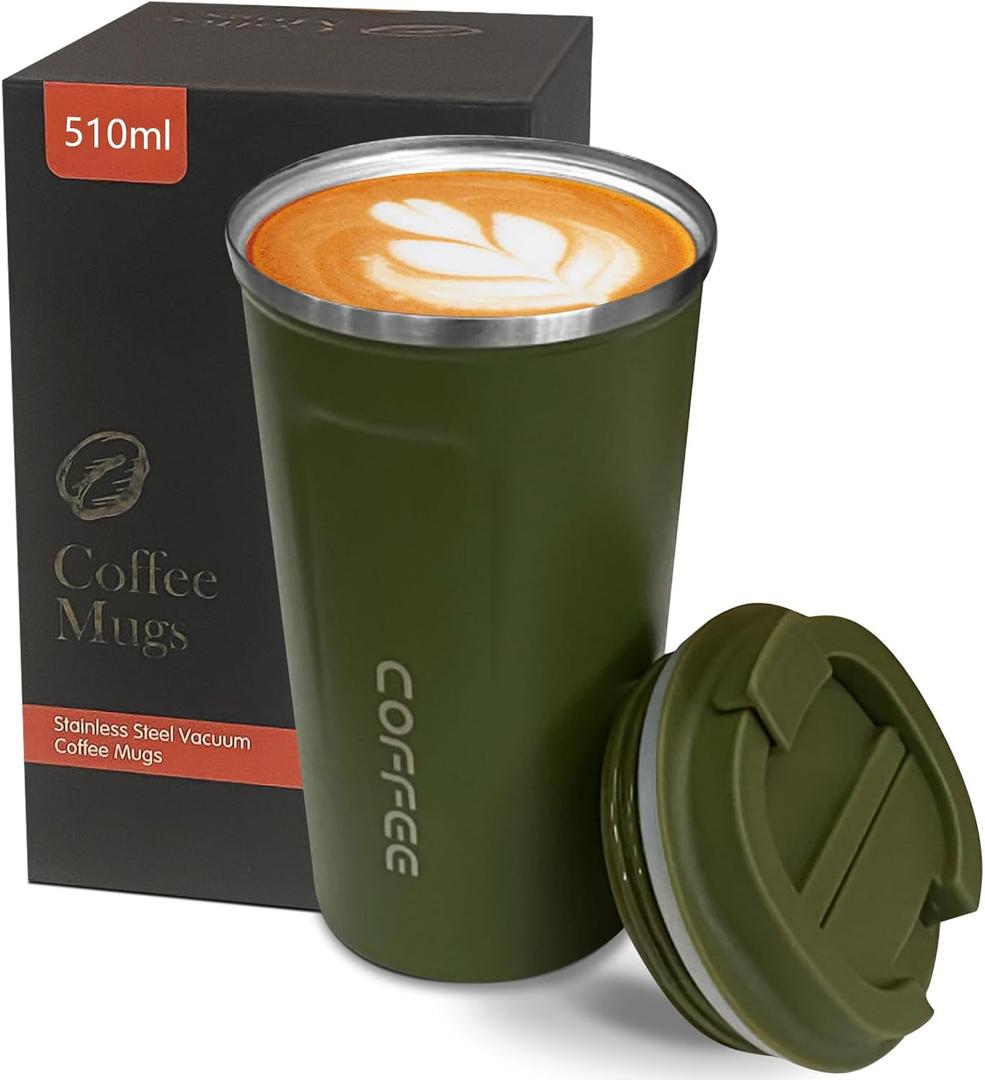 YINBAOGE Insulated Travel Coffee Mug, Spill & Leak Proof, Portable To Go Camping Stainless Steel Coffee Tumbler, Reusable Thermal Coffee Cup with Lid for Hot & Cold Drinks (2nd-Green, 17 OZ)