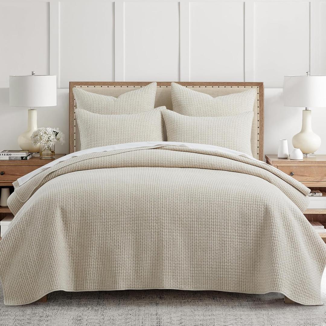 Levtex Home - Pick-Stitch Artisan Natural Quilt Set - King Quilt (106x92in) and 2 King Shams - Textured - Reversible - Cotton, Quilt - King/Cal King