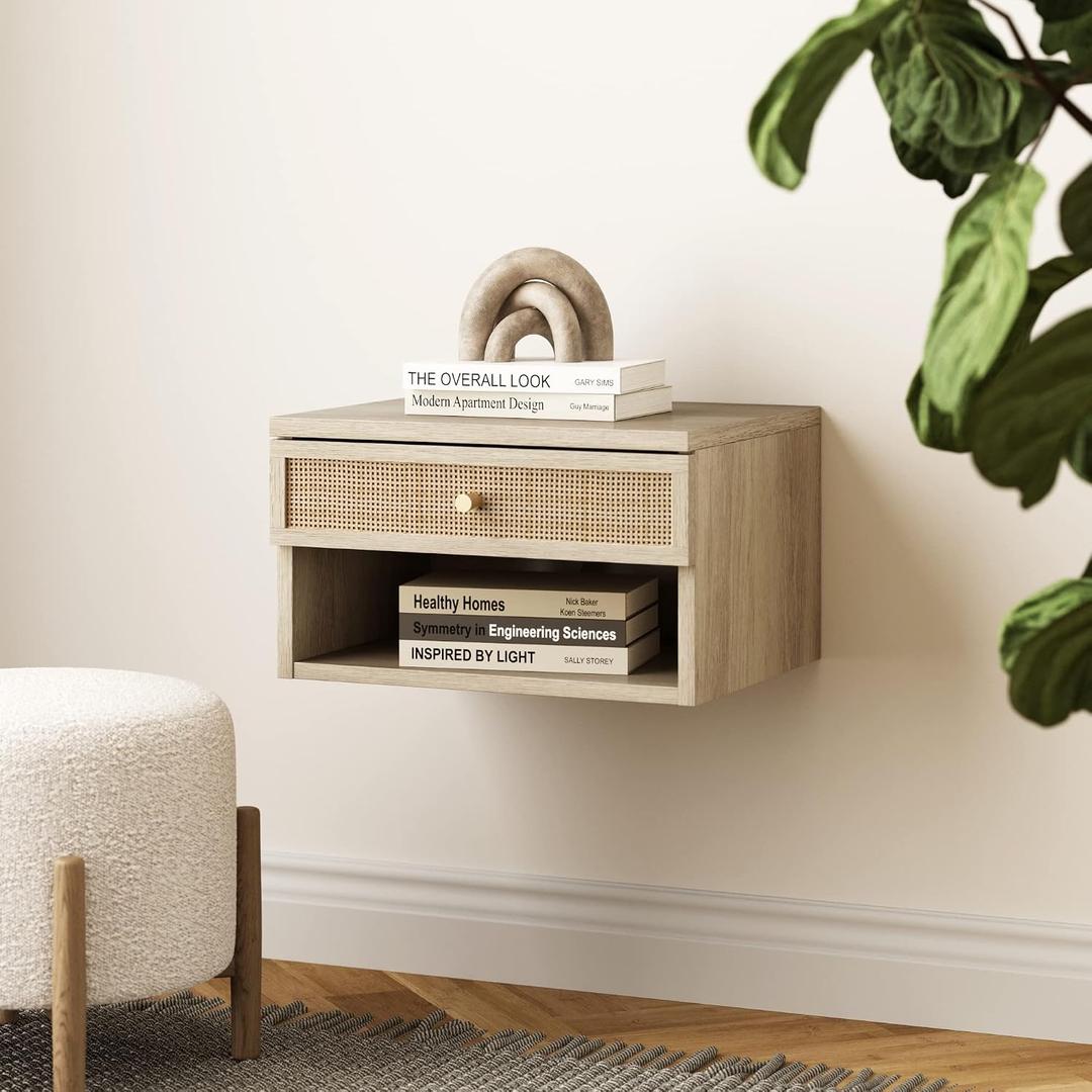 Nathan James Jackson Wall Mounted Rattan Floating Bedroom Nightstand with Storage Drawer and Modern Open Shelf Cubby, Light Oak/Rattan