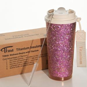 TiWell Titanium Coffee Tumbler  17oz Travel Insulated Coffee Mug with Lid and Straw, Zero Coating and Metal Leaching for Health Safety, Fits in Car Cup Holder (Pink)