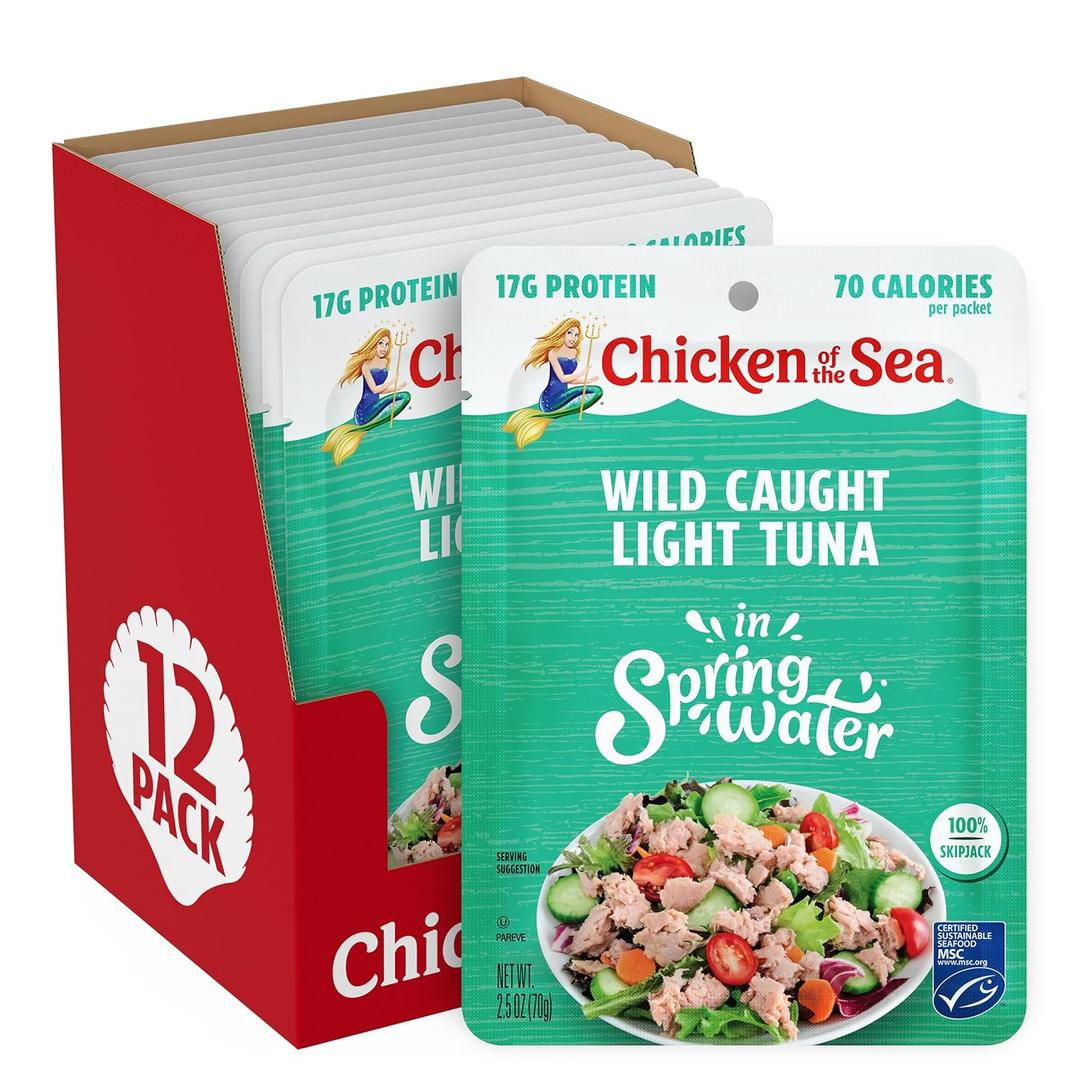 Chicken of the Sea Wild Caught Light Tuna in Spring Water, 2.5 Ounce Packets, 12-Count High Protein 100% Skipjack Tuna in Water Easy, Delicious, Nutritious Ready to Eat Meals (EXP 01/29/29)