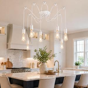Finktonglan 8-Light Spider Pendant Chandelier, Adjustable 48.4" Cords, E26 Sockets, White Modern Farmhouse Multi-Light Ceiling Fixture for Kitchen Island, Dining Room & Entryway