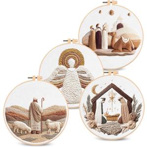 Santune Christian Embroidery kit, Nativity Scene Needlepoint Cross Stitch Kits for Beginners Adult, Needle Point Sets, 4 Embroidery, 2 Hoops, Christmas Ornaments
