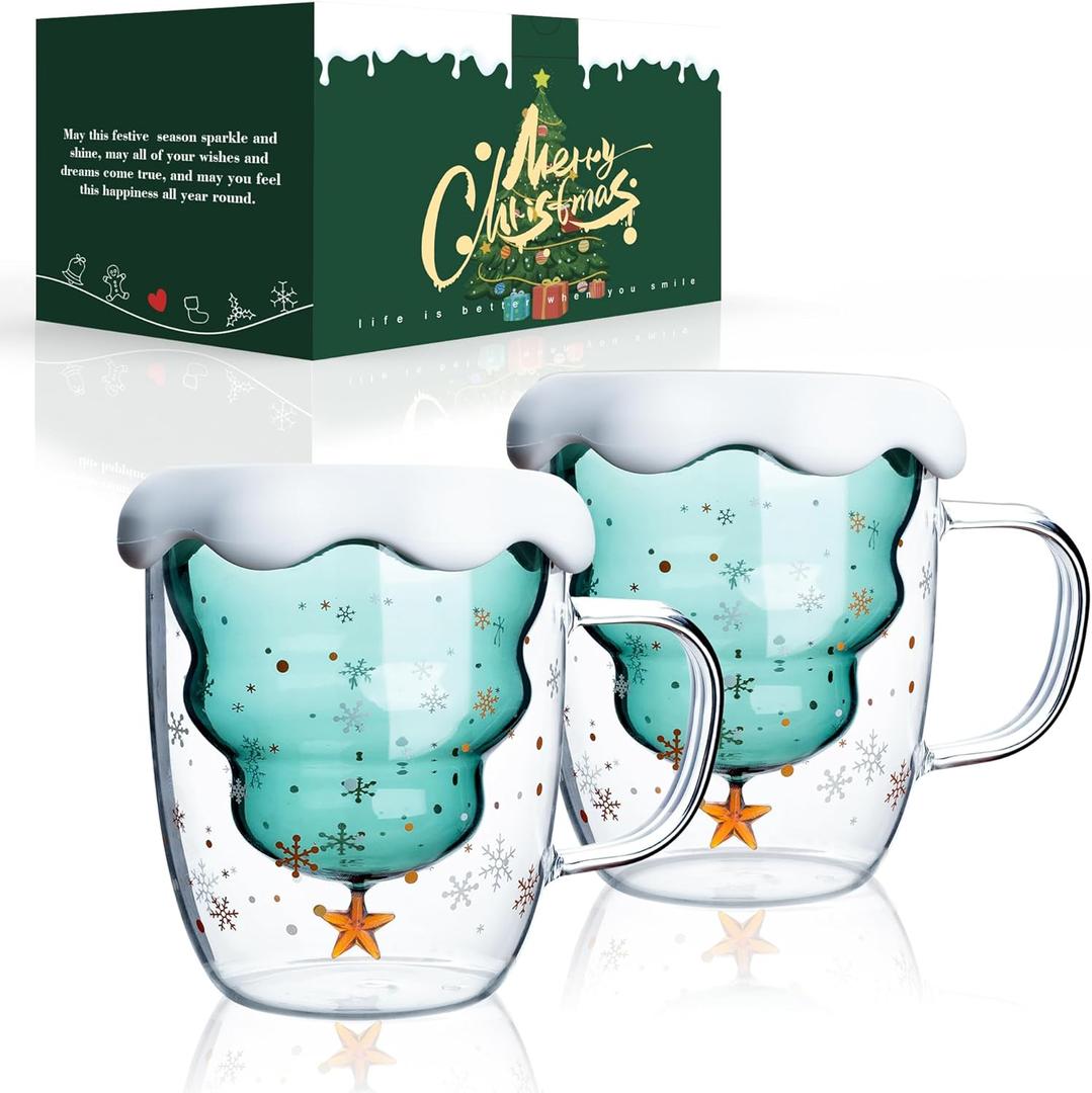 LIBWYS 2 Pack Christmas Mugs, Double Walled Borosilicate Christmas mug set with Snowflake Lid, Cute Mugs for Hot Cocoa and Coffee, 300ml Christmas tree mugs Christmas Gift for Family, Friend