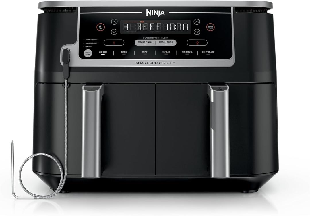 Ninja Foodi Air Fryer w/ Smart Cook Thermometer | 6-in-1 Air Fry, Roast, Bake, Dehydrate & More | DualZone Match Cook & Smart Finish, 2 Independent Baskets | XL 10 Qt, Stainless Steel | Black, DZ550