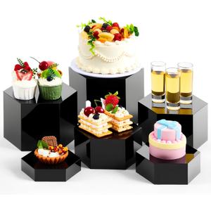 Leinuosen 6 Pcs Large Buffet Risers, 5.5 to 8 Inch Catering Dessert Table Risers Food Decorative Stands with hollow bottom for Catering Supplies, Party(Black, Hexagonal)