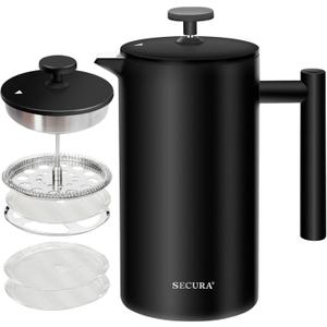 Secura French Press Coffee Maker with 3-Layer Stainless Steel Filter, 34 oz Black, Double-Walled Insulated Design with 2 Extra Filters