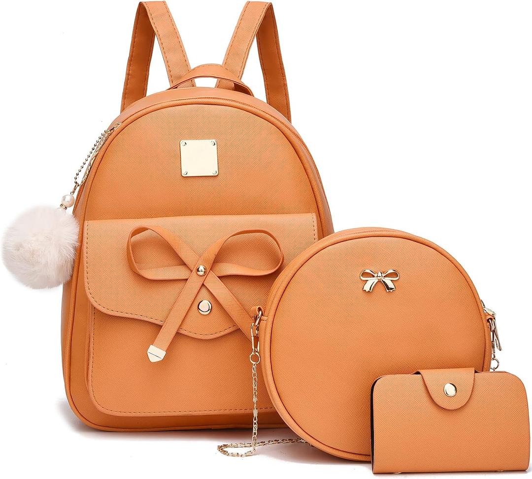 I IHAYNER Girls Bowknot 3-Pieces Fahsion Leather Backpack Backpack Purse for Women Rucksack for Ladies Shoulder Bag