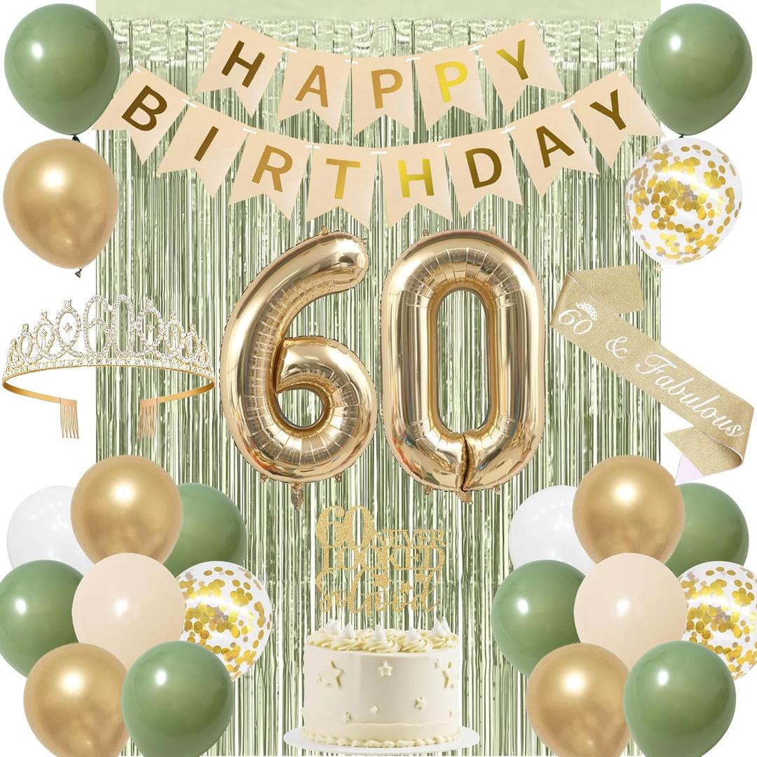 Trgowaul 60th Birthday Decorations for Women, Banner, Sash and Crown, Cake Topper, 60 Number Balloon, Fringe Curtains, Green Gold 60th Birthday Party Supplies
