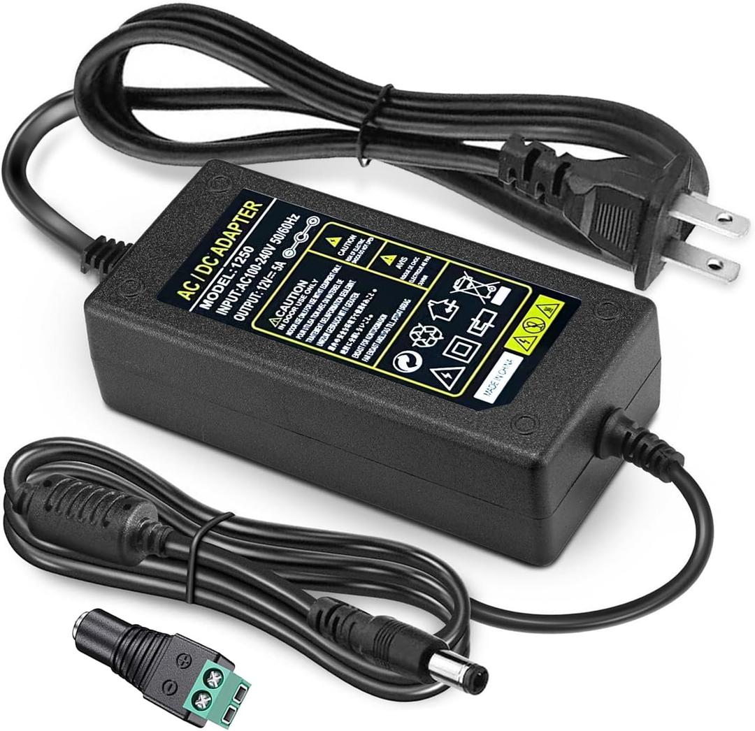 Power Adapter 12V 5A 4A 3A 2.5A 2A 1A AC DC Power Supply Cord Cable 5.5x2.1mm for Sceptre EC Series Monitor,ONN,AOC,Dell,Webcam, Router, Projector, CCTV, Speakers & More 12v 5a Monitor Charger