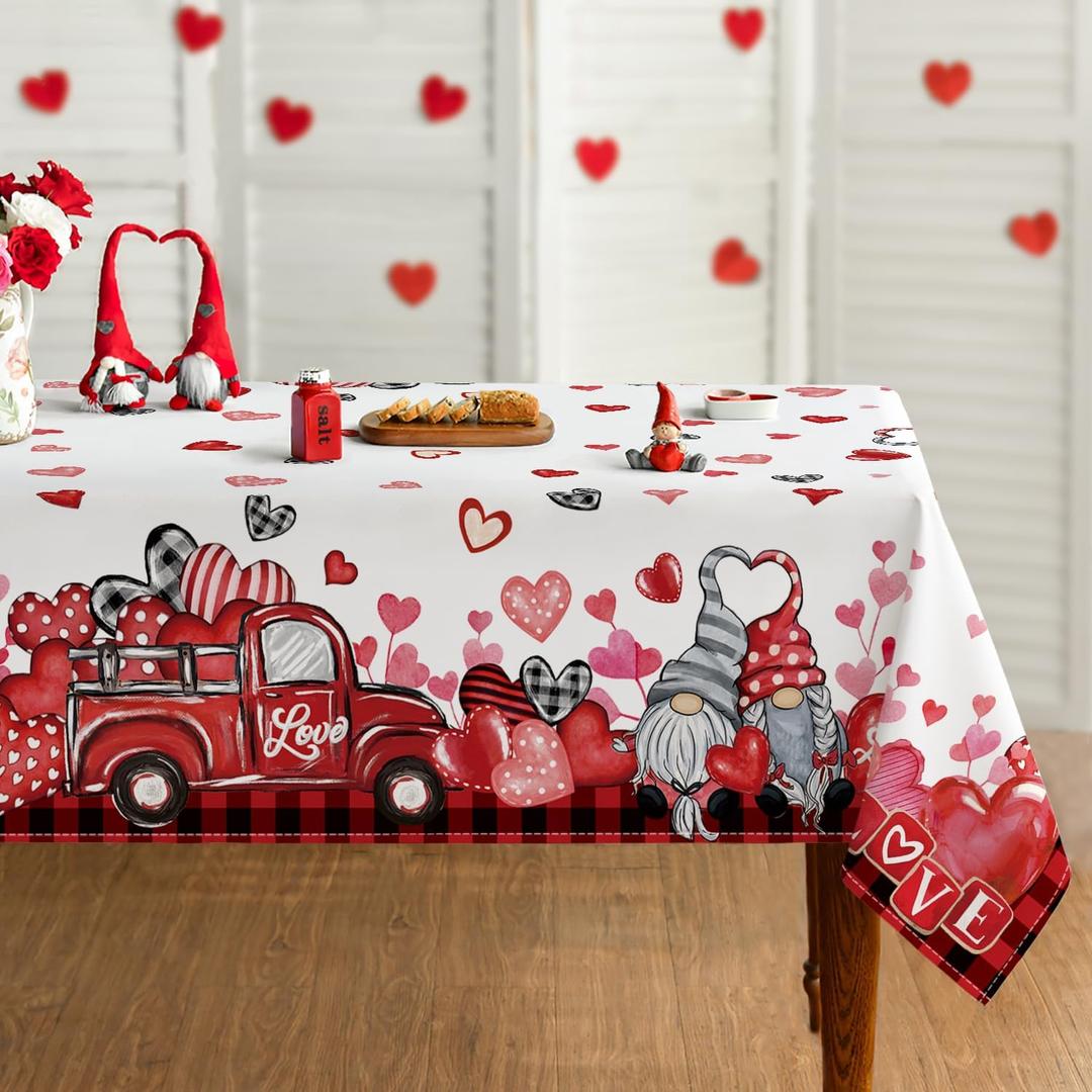 Horaldaily Valentine Tablecloth 60104 Inch Rectangle, Gnomes Truck Red Buffalo Plaid Washable Table Cover for Party Picnic Dinner Decor