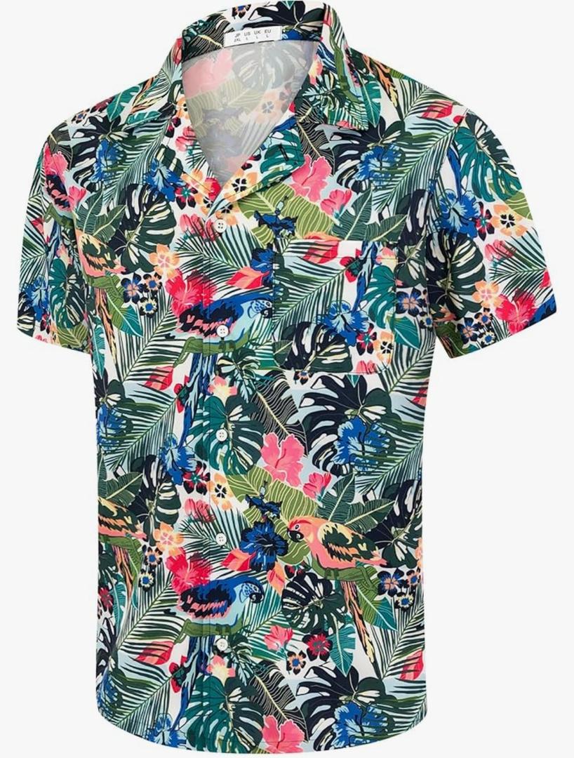 Hawaiian Shirts for Men Casual Beach Summer Shirt Floral Button Down Tropical Holiday Short Sleeve Shirts, Size L