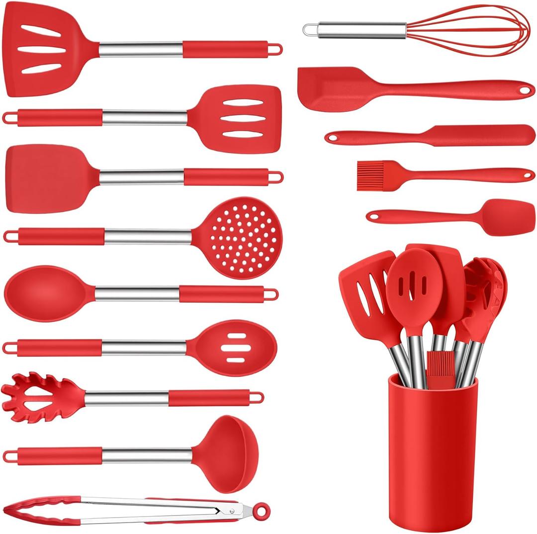 Onader 15 Pcs Silicone Cooking Utensils Set, Red Kitchen Utensils Spatula Set with Holder, Large Kitchen Gadgets Tools for Nonstick Cookware
