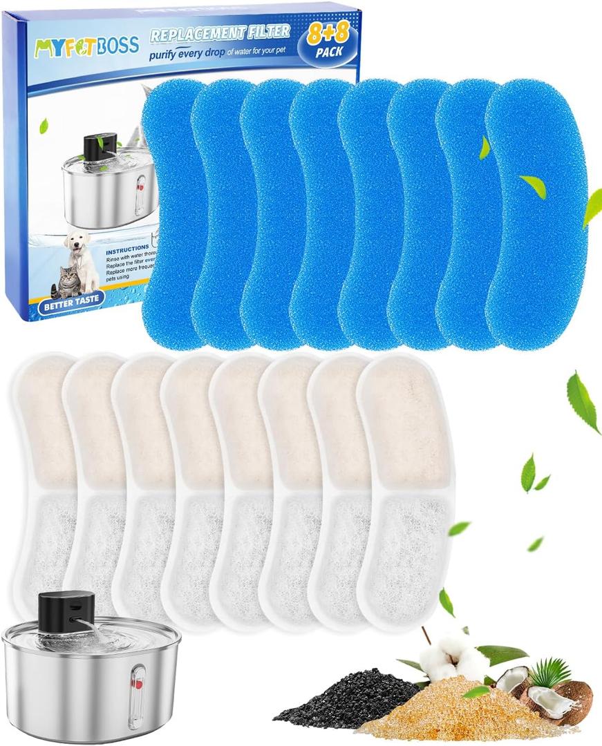8+8 Pack Cat Water Fountain Filter Replacement Compatible with virtulance 3.2L/108oz/0.8Gal, Cat Water Fountain Replacement Fit for virtulance, Multilayer Filters System, 8 Filters+8 Sponge