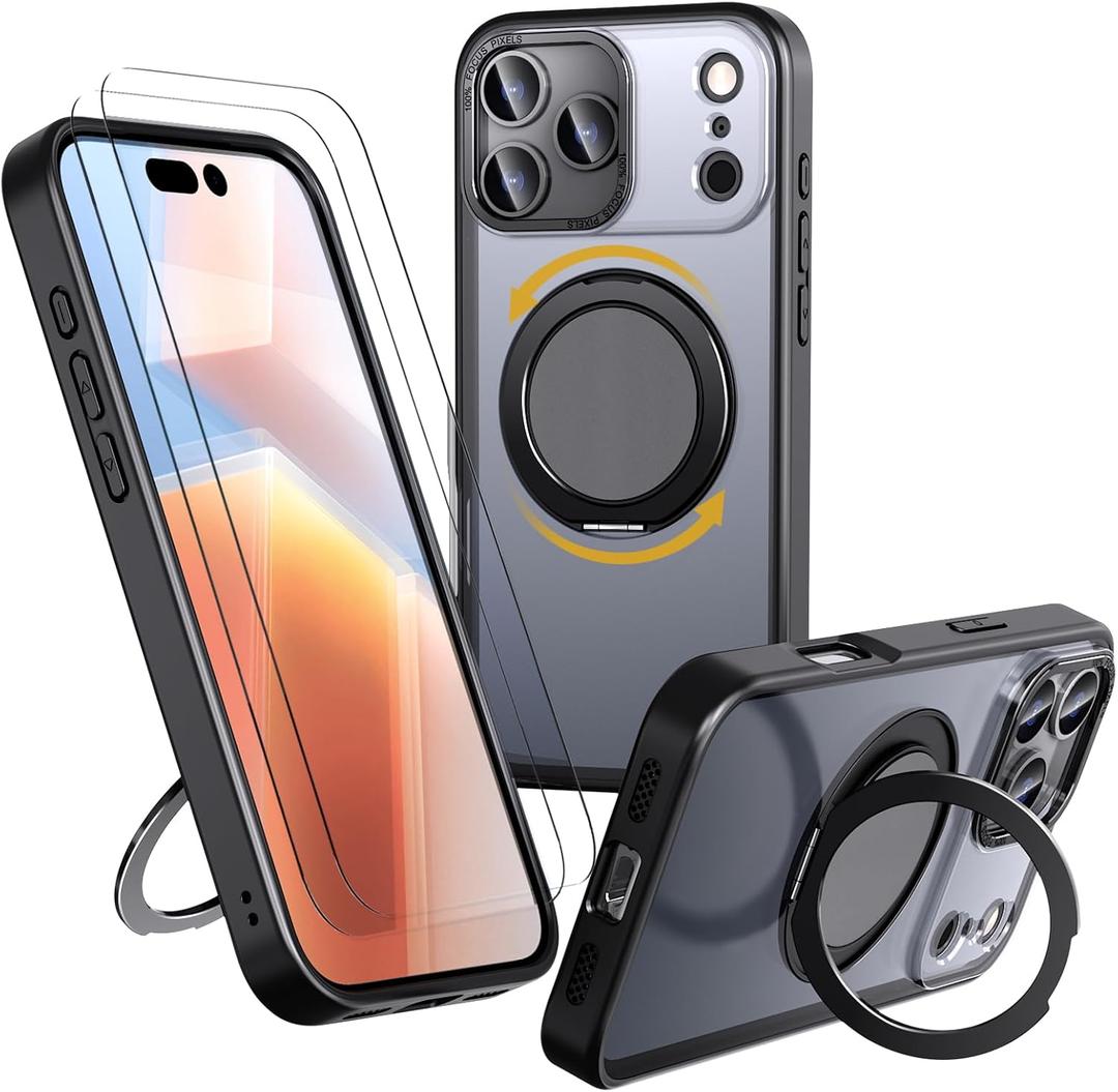 for iPhone 17 Pro Case, with 2 Tempered Glass Film, 360 Spin Magnetic Stand, Compatible with Magsafe, Military-Grade Drop Protection Case, Black
