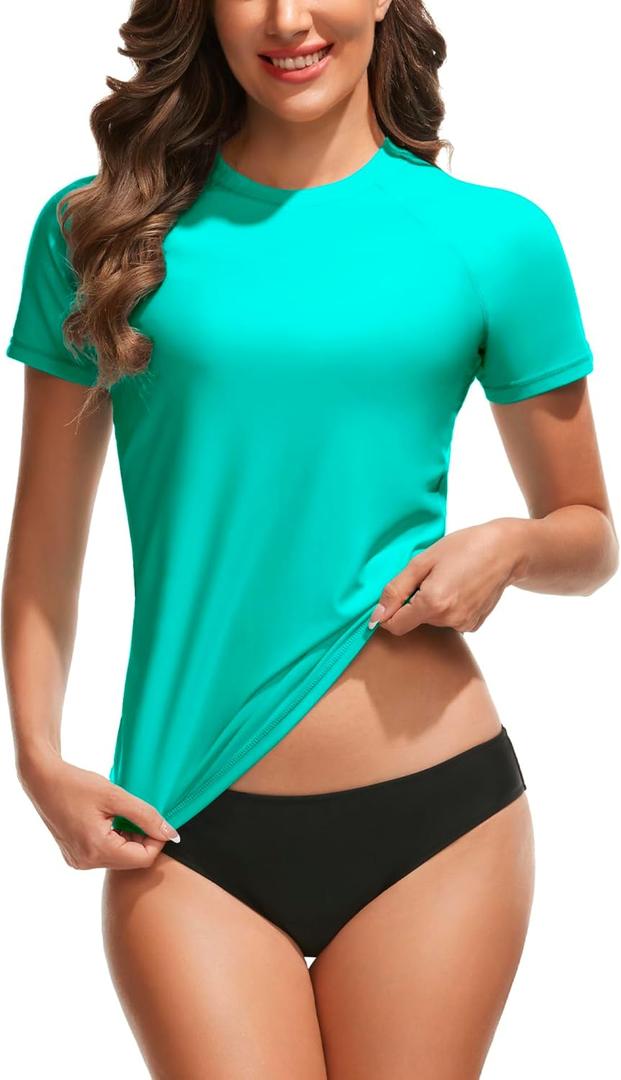 Bonneuitbebe Women's Swim Shirt UPF 50+ Short Sleeve Rash Guard UV Sun Protection Swimsuit Bathing Suit Top (Aqua Green), S