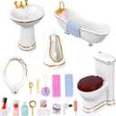 1:12 Dollhouse Miniature Porcelain Bathroom Set 5Pcs White Ceramic Toilet Basin Bathtub Mirror Miniature Furniture with 15Pcs Doll Accessories Comb,Bathball,Water Cup,Toothbrush Toothpaste