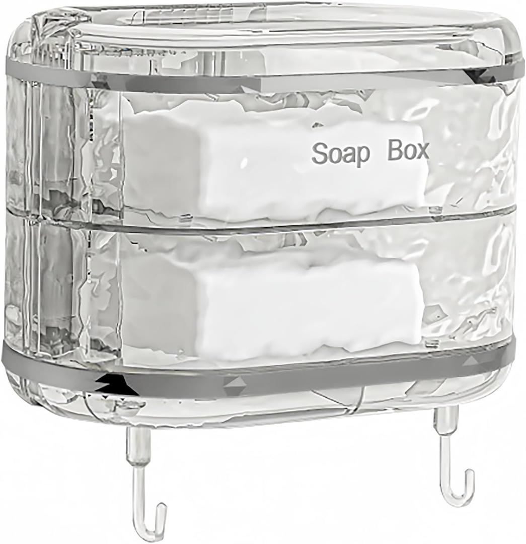 Soap Holder with Hooks, Rotating 2-Layer Soap Holder with Self Draining, Wall Mounted No Drilling Soap Dish for Shower, Kitchen, Bathroom