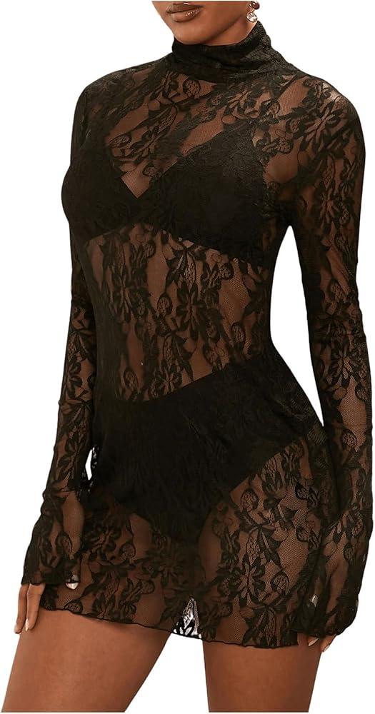Women's Lace Mini Dress See Through Sheer Mesh Lingerie Dress Mock Neck Bodycon Dresses Party Outfits Clubwear,( X-Large, Black Pattern)