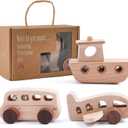 Wooden Cars for Toddlers 1-3, Wooden Vehicles Baby Cars Set with Bus, Airplane and Boat, Montessori Rattle Toys with Rolling Beads, Ideal for Boys and Girls