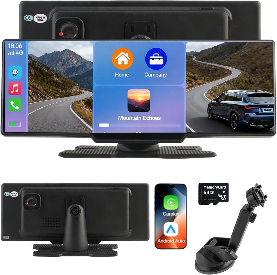 10.26'' Wireless Carplay Screen, Car Play & Android Auto HD Touchscreen Car Stereo with 4K Dash Cam, 1080p Backup Camera, Bluetooth, Mirror Link, Voice Control, AUX, FM (CA102)