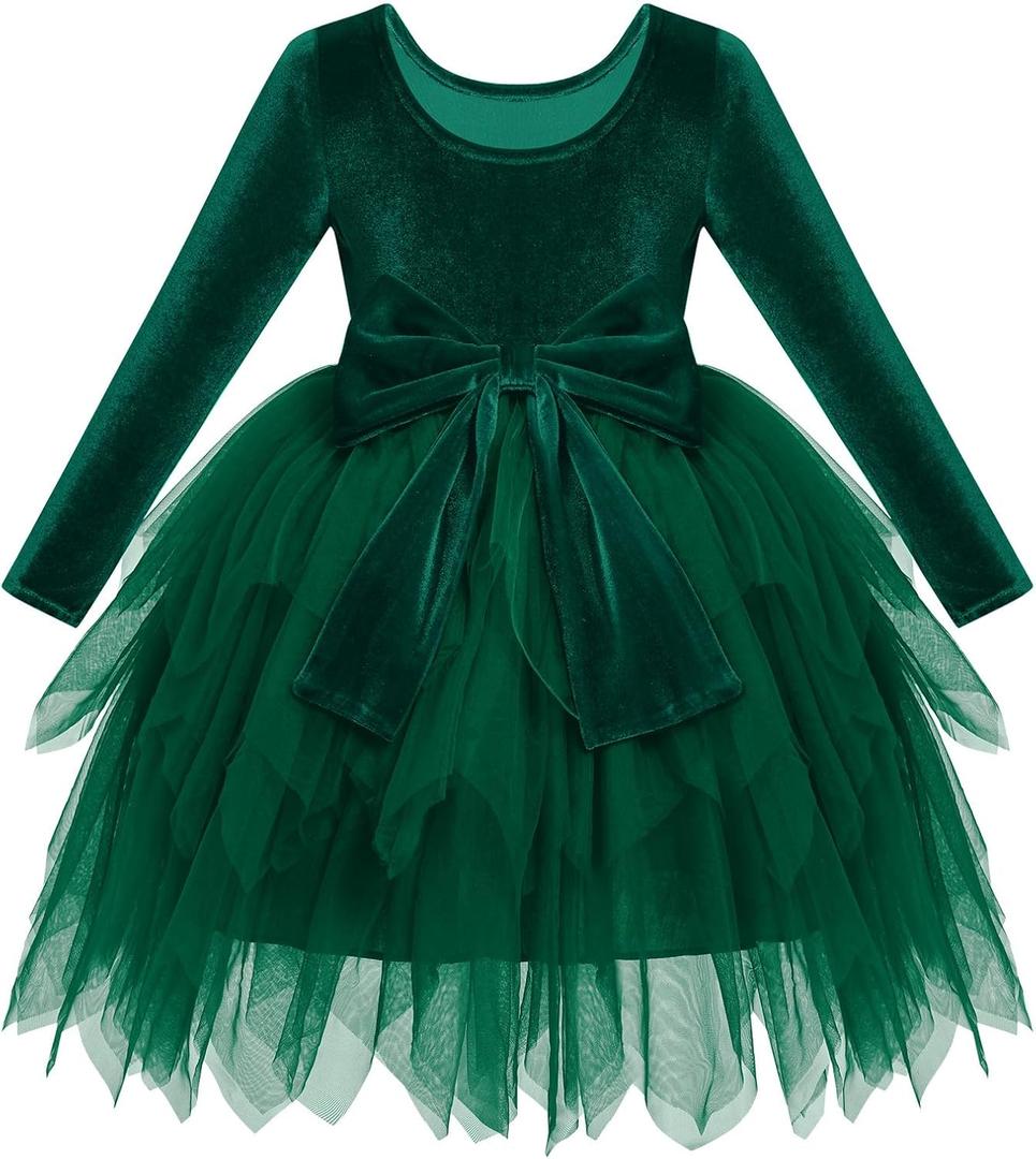 IDOPIP Toddler Baby Girls Velvet Tutu Dress Bowknot Ruffle Tulle Princess Christmas Birthday Party Dress Fall Winter Clothes (12-18 Months, Green)