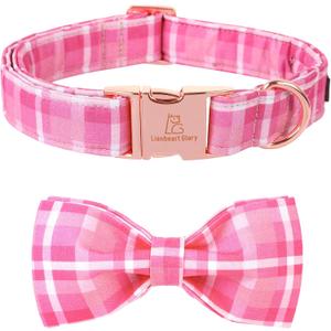 Lionheart glory Pink Plaid Dog Collar, Adjustable Dog Collar with Bowtie, Pet Gift Girl Collar for Dog Soft Bowtie Dog Collars for Large Dogs (Large (Pack of 1)