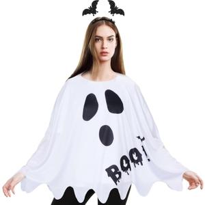 Ramede 2 Pcs Halloween Costume Set for Women Include Poncho with Funny Headband for Cosplay Party (Ghost Style, White)