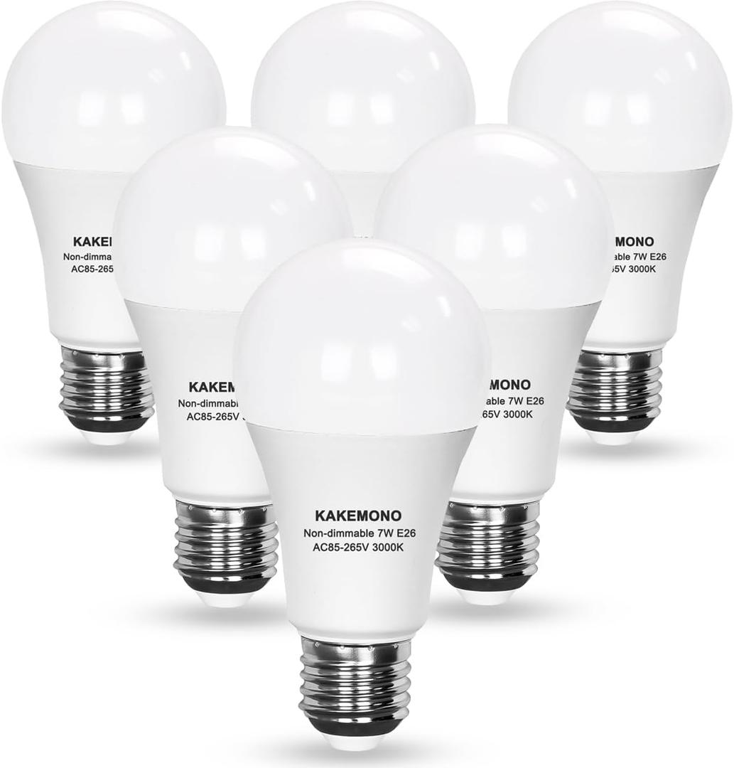 KAKEMONO A19 LED Light Bulbs 60 Watt Equivalent,7W 730 Lumen E26 Medium Base for Desk Reading Lamp Ceiling Fan Chandelier Lighting,Non-Dimmable,3000K Warm White, 6 Pack
