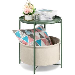 danpinera Round Side Table with Fabric Storage Basket, Metal Side Table Small Bedside Nightstand with Removable Tray for Living Room, Bedroom, Nursery, Dark Green