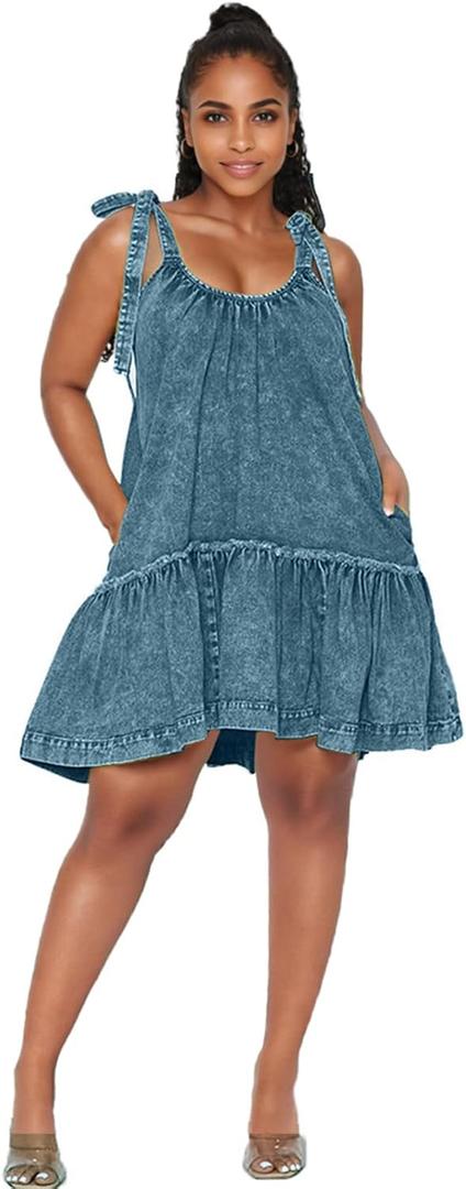 Women Denim Cami Dress Tie Shoulder Ruffle Hem Short Dresses Babydoll Wash Jean Sundress with Pocket, 3XL