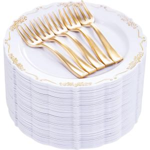 LIYH 200 Pcs Gold Dessert Plates,100 Pcs Appetizer Plates 7.5" and 100 Pcs Gold Plastic Forks 5", Cake Plates, Disposable Salad Plate Wedding Cake Plate Forks for Parties, Birthdays, Wedding
