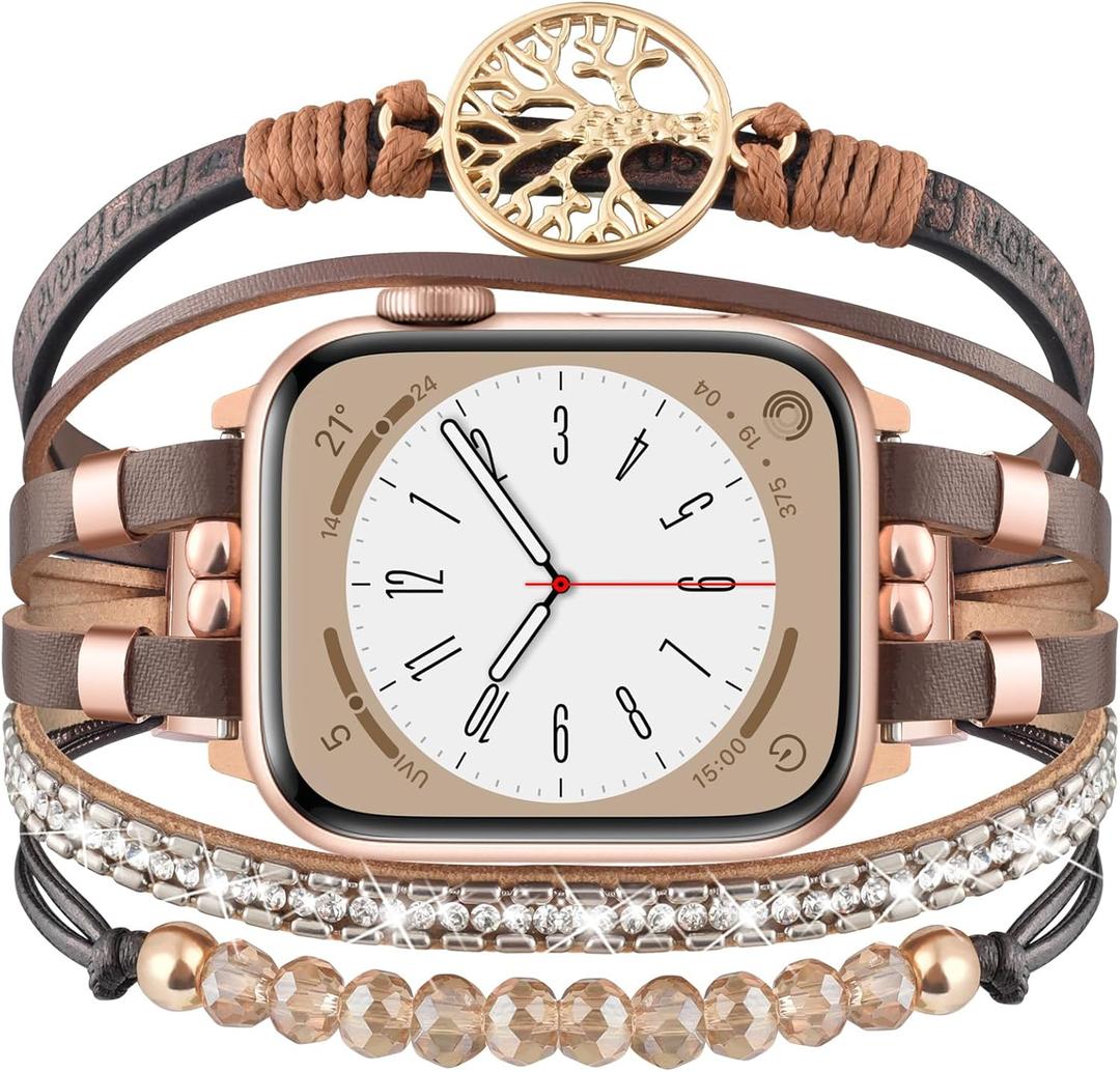 Boho Dressy Bracelet for Apple Watch Band 46mm 40mm 38mm 41mm 44mm 42mm 45mm 49mm Women, Elegant Handmade Beaded Leather Strap Accessories for iWatch Bands SE Series 11 10 9 8 7 6 5 4 3 2 1 (Brown/Tree of Life)