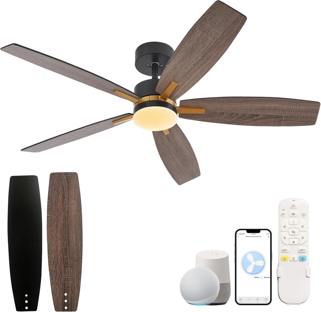 YJFAN 52'' Ceiling Fan with Light,DC Quiet &Reversible Motor with 6 Speeds Adjustable, Outdoor Ceiling Fan with Light, Large Airflow for Living Room,Bedroom