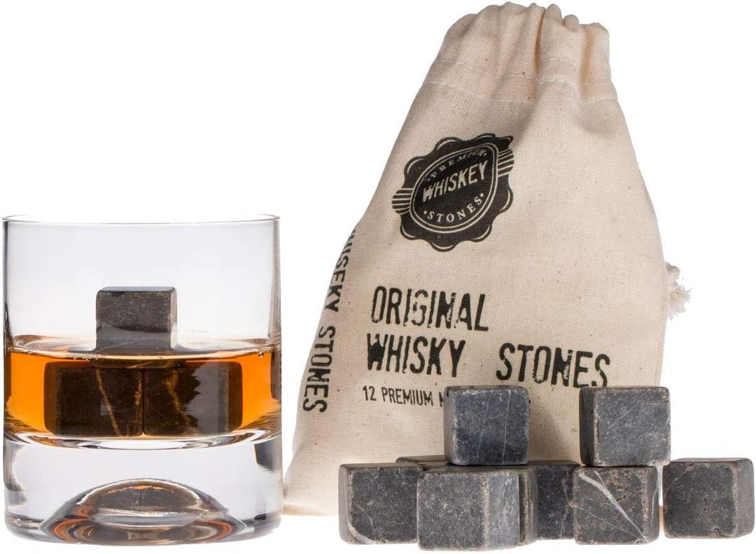 Premium Whiskey Stones Gift Set with 12 Pcs Stones and Bag. Whiskey, Bourbon, Cognac, Scotch,Gin, Wine Beverage. Marble Reusable Ice Cubes. Birthday Gift for Whiskey Lovers. (Dark Grey)