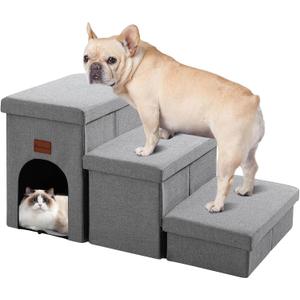 JOLLYVOGUE Small Dog Steps, Cat Stairs with Storage, Non-Slip Dog Steps for Beds Couches, Foldable Pet Stairs Helper for High Beds, 3-Tiers, Hold Up to 200 lbs
