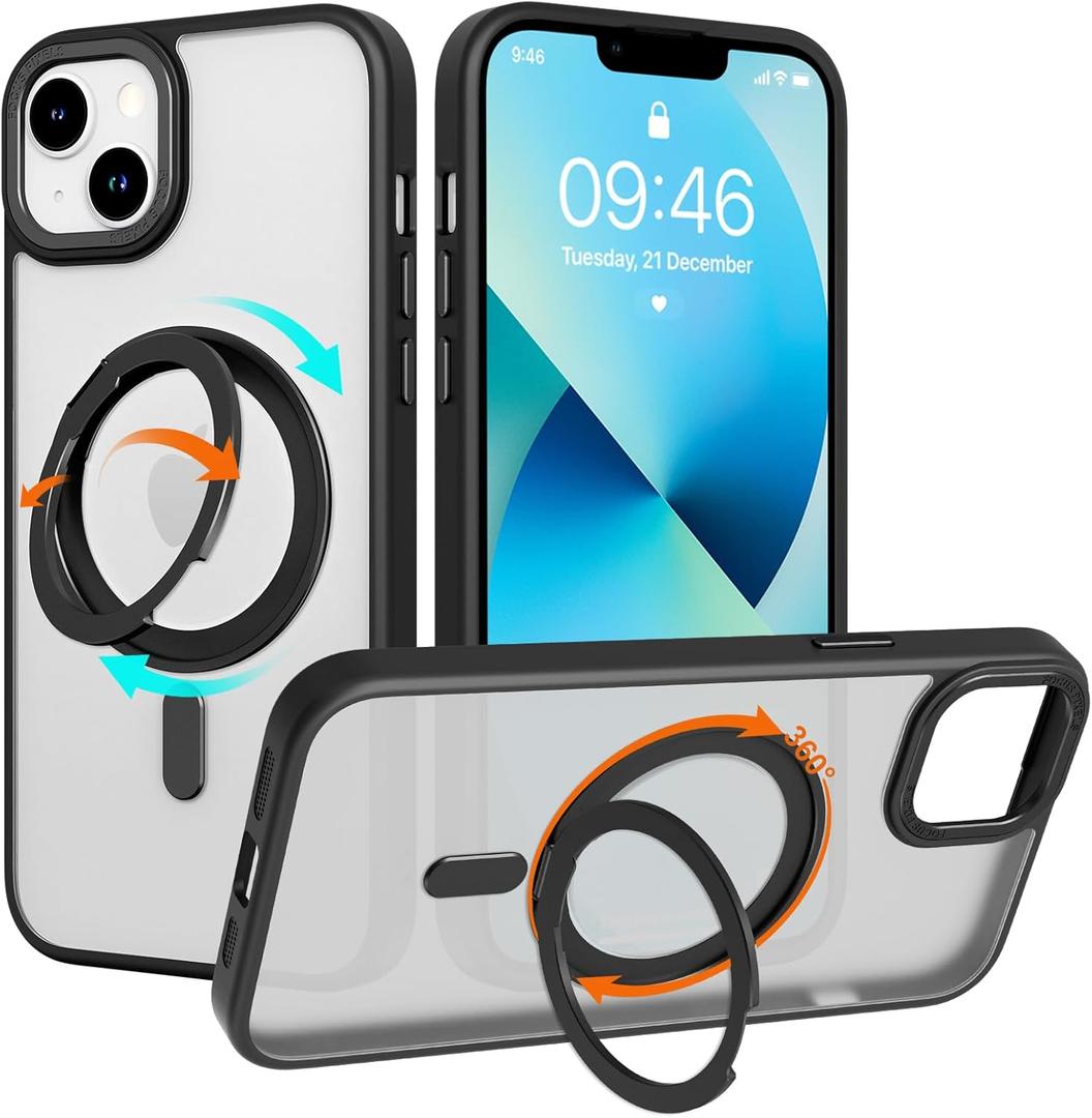 ZIYE Magnetic Case for iPhone 13 Case with Stand [Compatible with MagSafe] Slim Shockproof Military Grade Heavy Duty Cover with 360 Rotatable Ring Kickstand for Women Men, Translucent Black