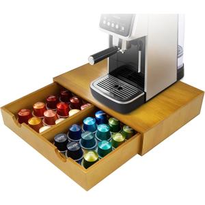Coffee Pod 15" X 11" X 3" Natural Wood Countertop Organizer Drawer, Counter Top Espresso Tea Bag Station Storage Holder Box, Brown