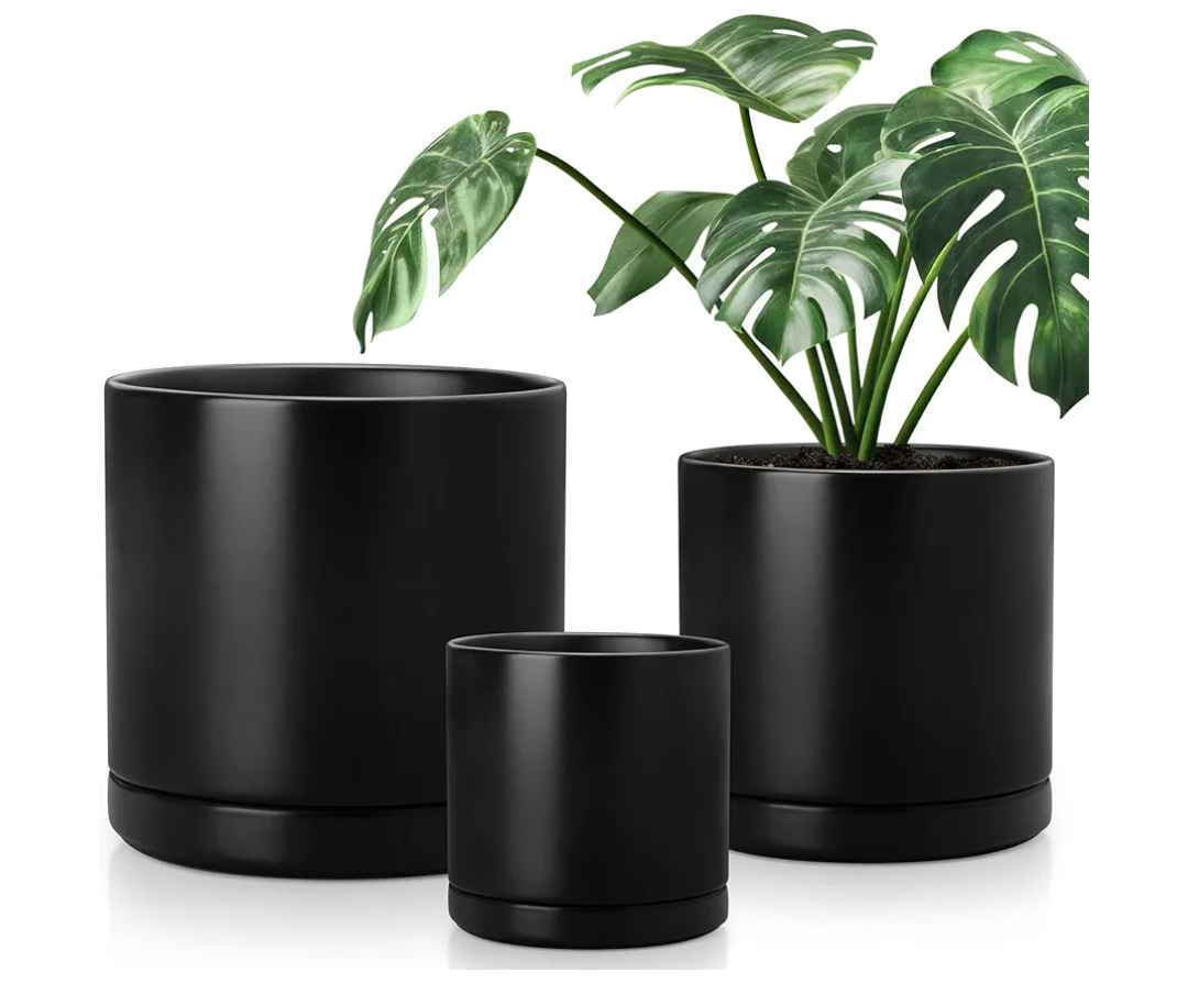 vancasso Ceramic Planters, Plant Pots for Indoor Plants, 6.25+8.25+10.25 Inch Ceramic Pots for Plants, Flower Pots with Drainage Holes (Black, 6.25+8.25+10.25 Inch)