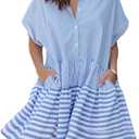 Chouyatou Women Summer Beach Short Sleeve Striped Shirt Dress Button Down Tiered Mini Tunic Babydoll Dress (Blue, XL)