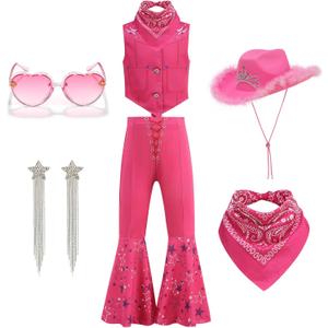 Cowgirl Costume for Girls Princess Dress up Halloween Cosplay Outfits with Hat Ear Clips Glasses (140(7-8T), Rose)