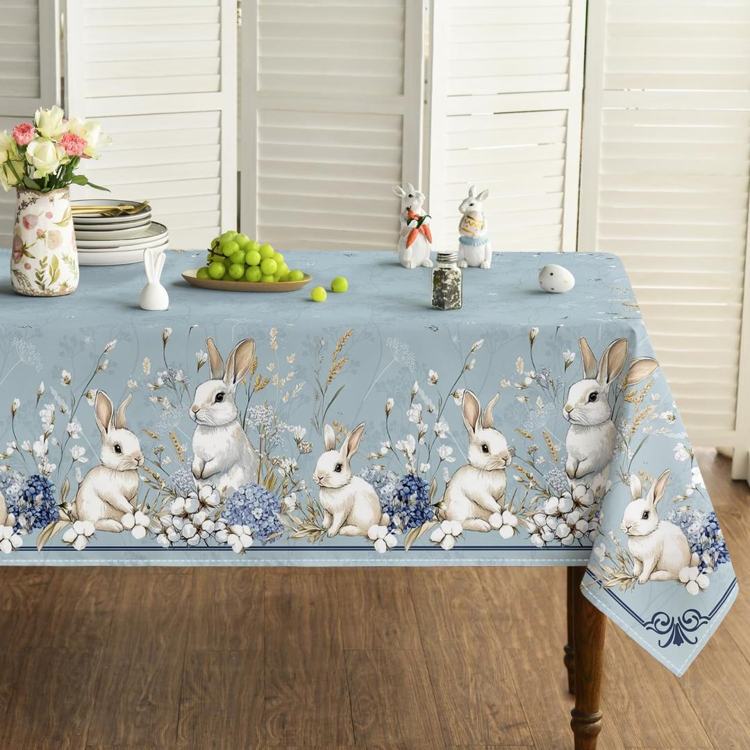 Horaldaily Easter Tablecloth 60120 Inch Rectangular, Blue Easter Bunny Flowers Washable Seasonal Table Cover for Party Picnic Dinner Decor