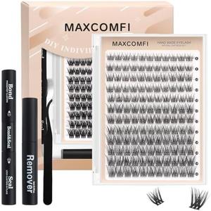 Maxcomfi Lash Clusters Kit, 8-16mm,144 Clusters of Natural & Curly DIY False Eyelash Extensions with Professional Eyelash Glue, Setting Solution, Tweezers (MC03)
