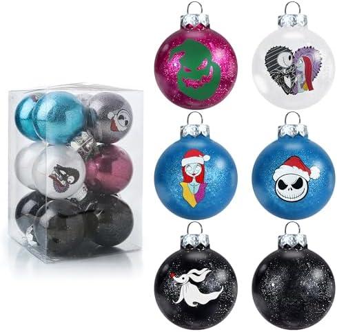HTTHPVASE 12Pcs Nightmare Christmas Ball Ornaments Set, Skull Pattern Jack Sally Xmas Tree Decorations, Plastic Shatterproof Halloween Holiday Hanging Balls Decor (2.36”/60mm)