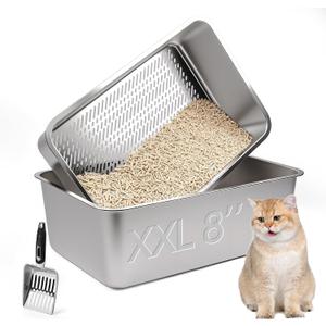 Stainless Steel Sifting Litter Box, 23.6" L x 15.7" W x 8" H Semi-Enclosed Metal Cat Litter Box with Sifting Pan, Scoop for Big Cat Easy Cleaning