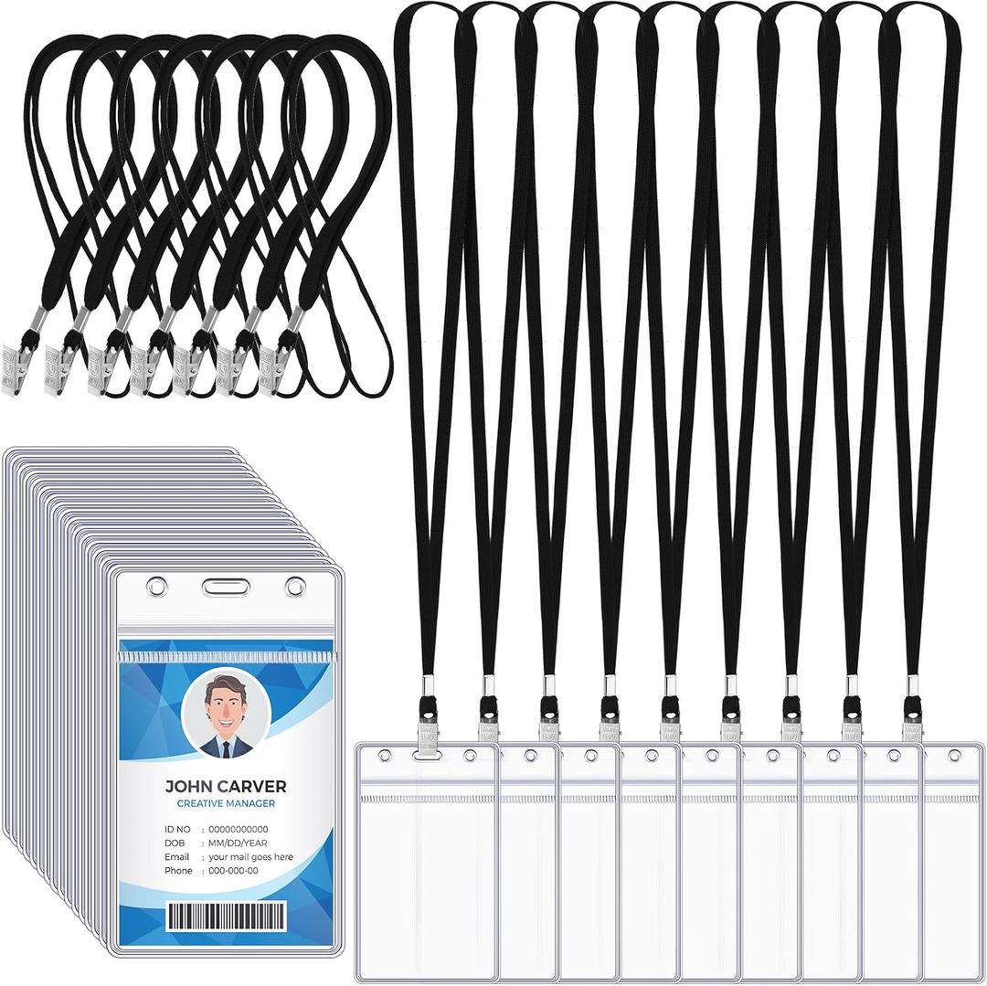Marspark 200 Pcs Name Tag Lanyards with ID Holder Lanyards for ID Badges Resealable Flat Neck Name Tag with Clip Waterproof Plastic Clear Badges Bulk for School Office Supplies (Black)