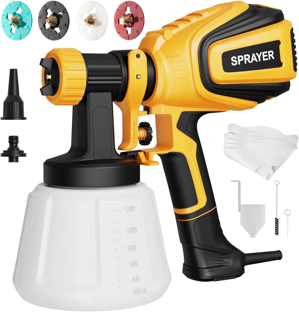 Paint Sprayer, 700W HVLP Spray Gun with Cleaning & Blowing Joints, 4 Nozzles and 3 Patterns, Easy to Clean, for Furniture, Cabinets, Fence, Walls, Door, Garden Chairs etc. VF803 Yellow