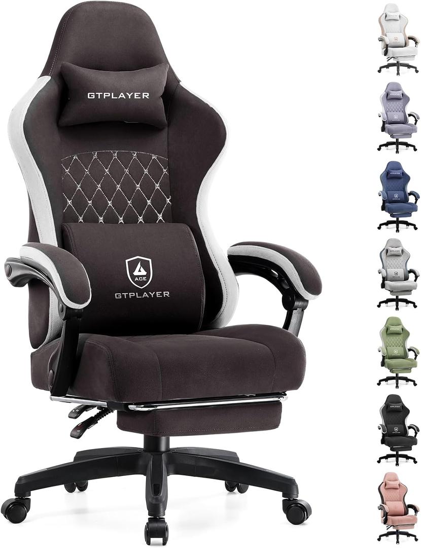 GTPLAYER Gaming Chair with Footrest Fabric Office Chair with Pocket Spring Cushion and Linkage Armrests, High Back Ergonomic Computer Chair with Lumbar Support Task Chair Brown